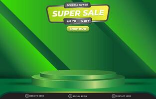 special offer super sale template banner with blank space 3d podium for product sale with abstract gradient green and yellow background design vector