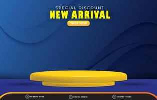 special discount new arrival sale template banner with blank space 3d podium for product sale with abstract gradient dark blue background design vector