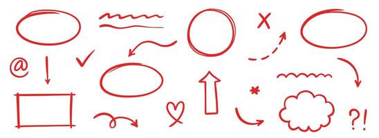 Pen marker line red arrow, underline, emphasis element set. Hand drawn red marker brush stroke style arrow, text underline, round frame set. Doodle sketch pencil text decoration. vector