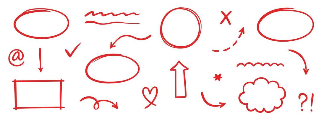 Pen marker line red arrow, underline, emphasis element set. Hand drawn red marker brush stroke style arrow, text underline, round frame set. Doodle sketch pencil text decoration.
