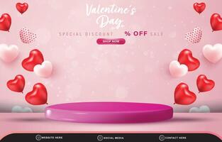 valentine day sale discount template banner with blank space 3d podium for product sale with abstract gradient pink and white background design vector