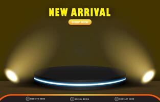 new arrival discount sale template banner with blank space 3d podium for product sale with abstract gradient brown and yellow background design vector