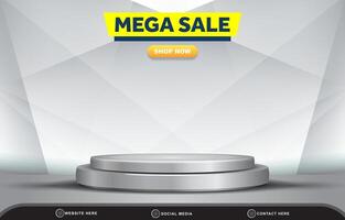 mega sale discount template banner with blank space 3d podium for product sale with abstract gradient white and grey background design vector