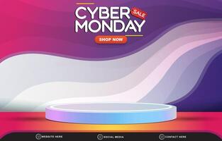cyber monday discount sale template banner with blank space 3d podium for product sale with abstract gradient purple and white background design vector