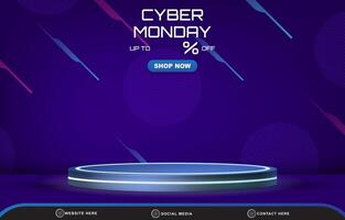 cyber monday discount sale template banner with blank space 3d podium for product sale with abstract gradient dark blue background design vector