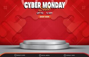 cyber monday sale discount template banner with blank space 3d podium for product sale with abstract gradient red background design vector