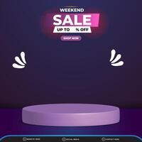 weekend sale discount with square template banner blank space 3d podium for product sale with abstract gradient blue and purple background design vector