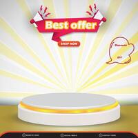 best offer sale discount for social media post template banner with blank space 3d podium for product sale with abstract gradient white and yellow background design vector