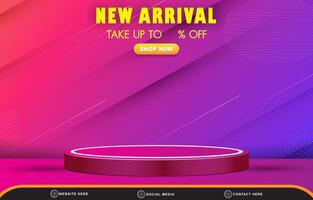 new arrival discount sale template banner with blank space 3d podium for product sale with abstract gradient red and purple background design vector