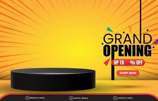 grand opening discount for social media post banner with copy space 3d podium for product sale with abstract gradient orange and yellow background design vector