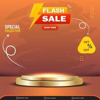 flash sale discount with square template banner blank space 3d podium for product sale with abstract gradient brown and orange background design vector