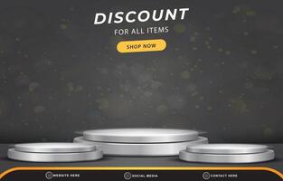 discount sale template banner with blank space 3d podium for product sale with abstract gradient black background design vector