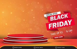 special offer black friday sale discount template banner with copy space 3d podium for product sale with abstract gradient red and orange background design vector
