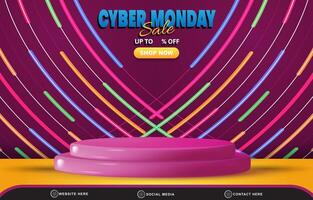 cyber monday discount sale template banner with blank space 3d podium for product sale with abstract gradient purple background design vector