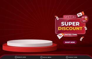 special super discount sale with landscape template banner copy space 3d podium for product sale with abstract gradient red background design vector