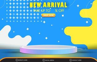 new arrival discount sale template banner with blank space 3d podium for product sale with abstract gradient blue and yellow background design vector