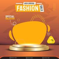 new arrival fashion sale with square template banner blank space 3d podium for product sale with abstract gradient brown and orange background design vector