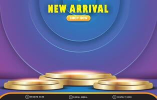 new arrival sale discount template banner with blank space 3d podium for product sale with abstract gradient blue and purple background design vector