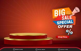 big sale special offer discount with landscape template banner and copy space 3d podium for product sale with abstract gradient red and orange background design vector