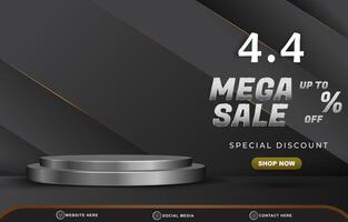 04.04 mega sale discount template banner with copy space 3d podium for product sale with abstract gradient black and grey background design vector