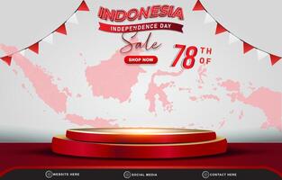 78th of august indonesian independence day sale landscape banner for social media post with 3d podium for sale with abstract gradient red and white background design vector
