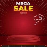 mega sale discount for social media post template banner with copy space 3d podium for product with abstract gradient red background design vector