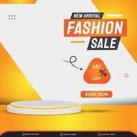new arrival fashion sale with square template banner blank space 3d podium for product sale with abstract gradient orange and white background design vector