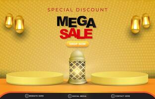 special discount mega sale ramadan template banner with copy space 3d podium for product sale with abstract gradient dark yellow background design vector