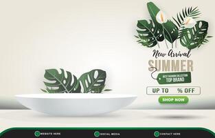 new arrival summer sale banner for social media post with 3d podium for product sale and abstract gradient white and green background design vector