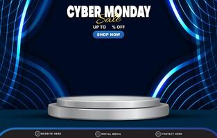 cyber monday sale discount template banner with blank space 3d podium for product sale with abstract gradient dark blue background design vector