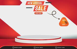 new arrival sale discount with landscape template banner and copy space 3d podium for product sale with abstract gradient red and white background design vector