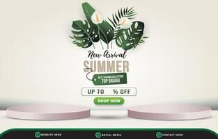 new arrival summer sale banner for social media post with 3d podium for product sale and abstract gradient white background design vector