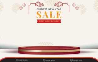 chinese new year sale discount template banner with blank space 3d podium for product sale with abstract gradient white and red background design vector