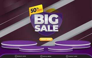 big sale discount template banner with blank space 3d podium for product sale with abstract gradient blue and purple background design vector