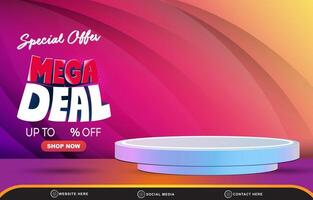 special offer mega sale discount template banner with blank space 3d podium for product sale with abstract gradient purple and yellow background design vector
