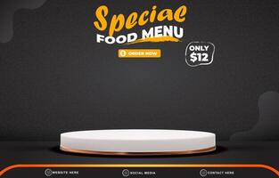special food template banner with blank space 3d podium for food sale with abstract gradient black background design vector