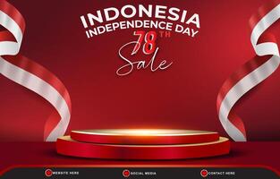 indonesian independence day 78th of august sale banner with 3d podium for sale with abstract gradient red and white background design vector