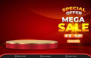 special offer mega sale discount for social media post banner with copy space 3d podium for product sale with abstract gradient red background design vector