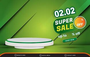 02.02 super sale discount template banner with blank space 3d podium for product sale with abstract gradient green and yellow background design vector