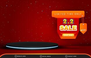 limited 02.02 sale template banner with blank space 3d podium for product sale with abstract gradient red and orange background design vector
