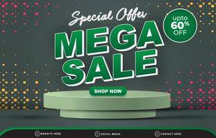 special offer mega sale template banner with blank space 3d podium for product sale with abstract gradient green background design vector