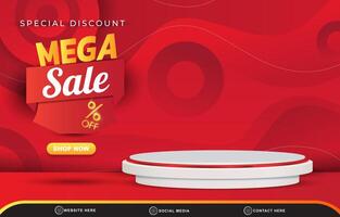 special discount mega sale discount template banner with blank space 3d podium for product sale with abstract gradient red background design vector