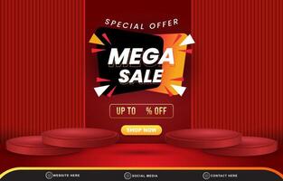 special offer mega sale discount template banner with blank space 3d podium for product sale with abstract gradient red background design vector