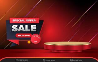 special offer sale discount template banner with blank space 3d podium for product sale with abstract gradient red background design vector