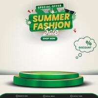 special offer summer sale discount square banner for social media post with blank space 3d podium for product sale with abstract gradient white and green background design vector