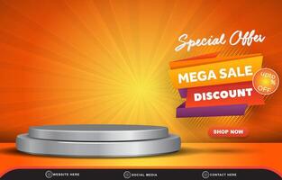 special offer mega sale template banner with blank space 3d podium for product sale with abstract gradient orange and yellow background design vector