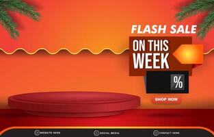 flash sale weekend discount template banner with blank space 3d podium for product sale with abstract gradient orange and red background design vector