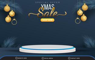 elegant christmas sale template banner with blank space 3d podium for product sale with abstract gradient dark blue background design vector