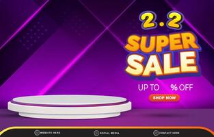 02.02 super sale discount template banner with blank space 3d podium for product sale with abstract gradient purple and blue background design vector