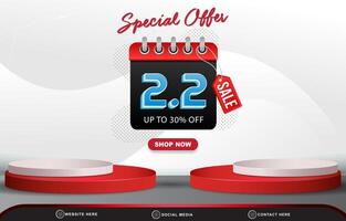 modern 3d special offer 02.02 discount sale template banner with blank space 3d podium for product sale with abstract gradient white and red background design vector